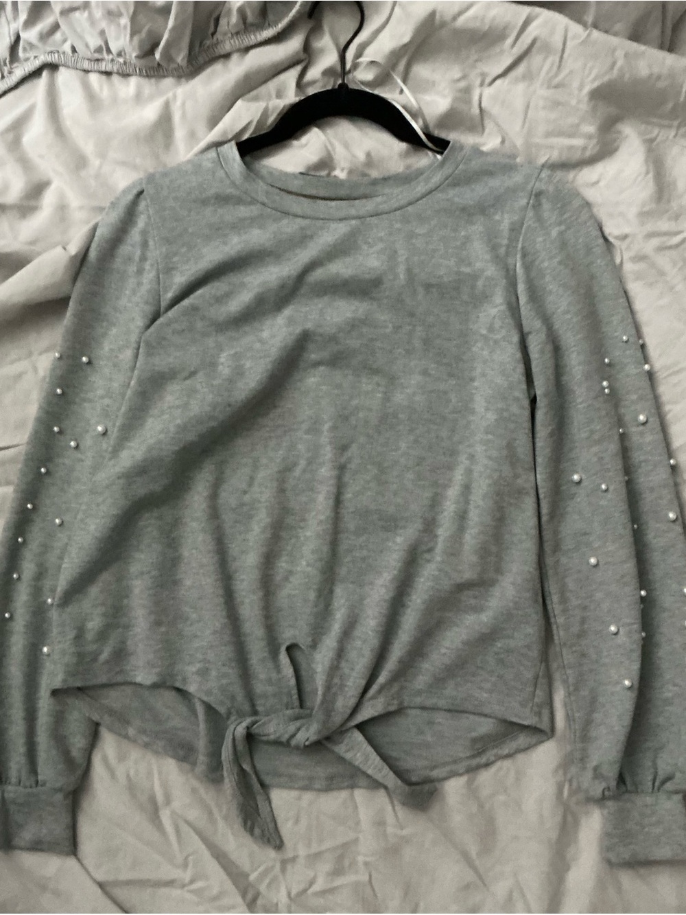 Women’s Gray Pearl-Accent Tie-Front Top